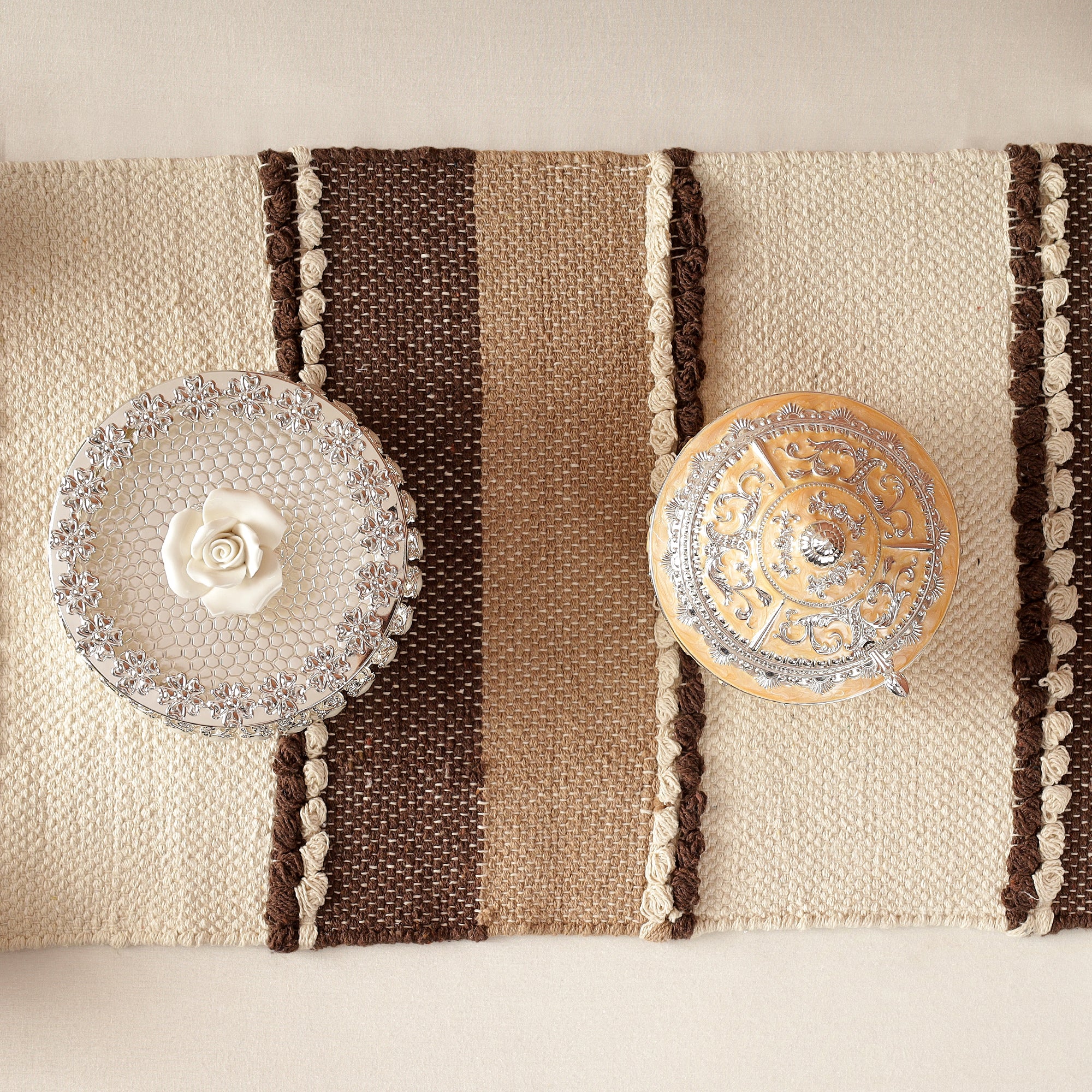 Dark Brown and Biege Table Runner with tassels