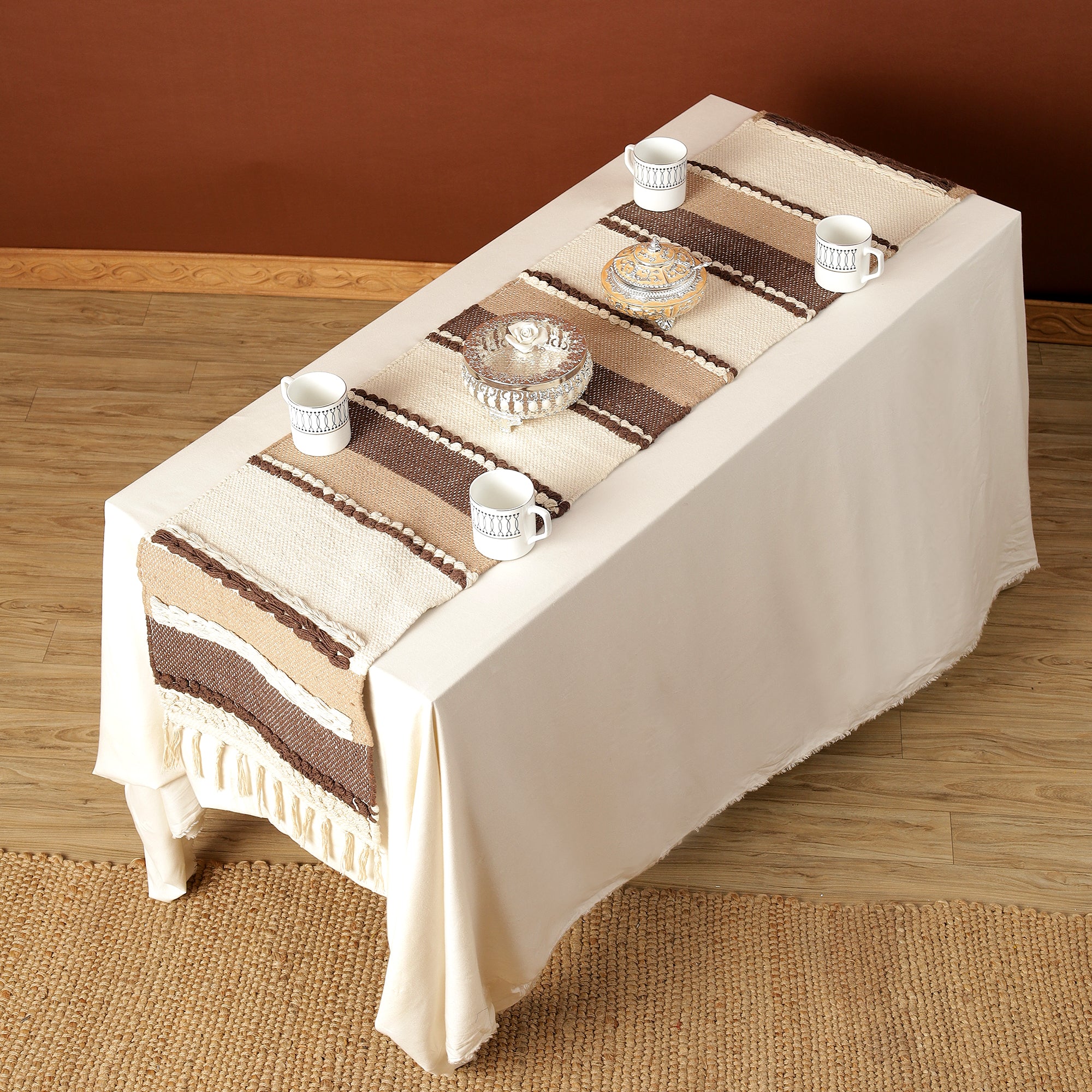 Dark Brown and Biege Table Runner with tassels