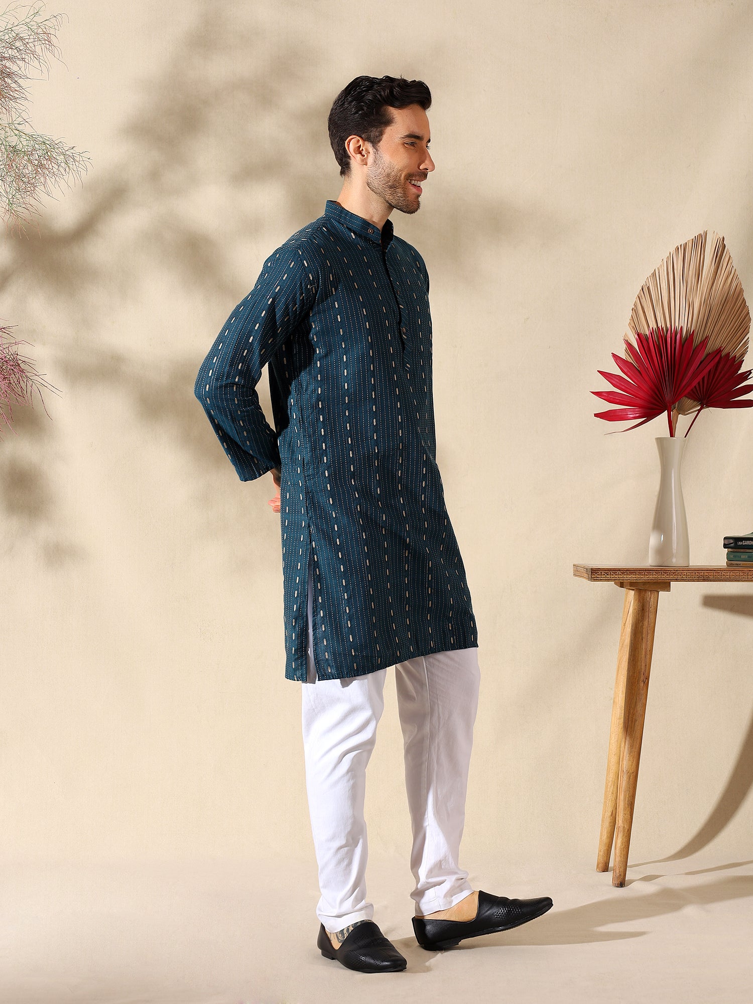 Teal Elegance Woven Cotton Kurta
