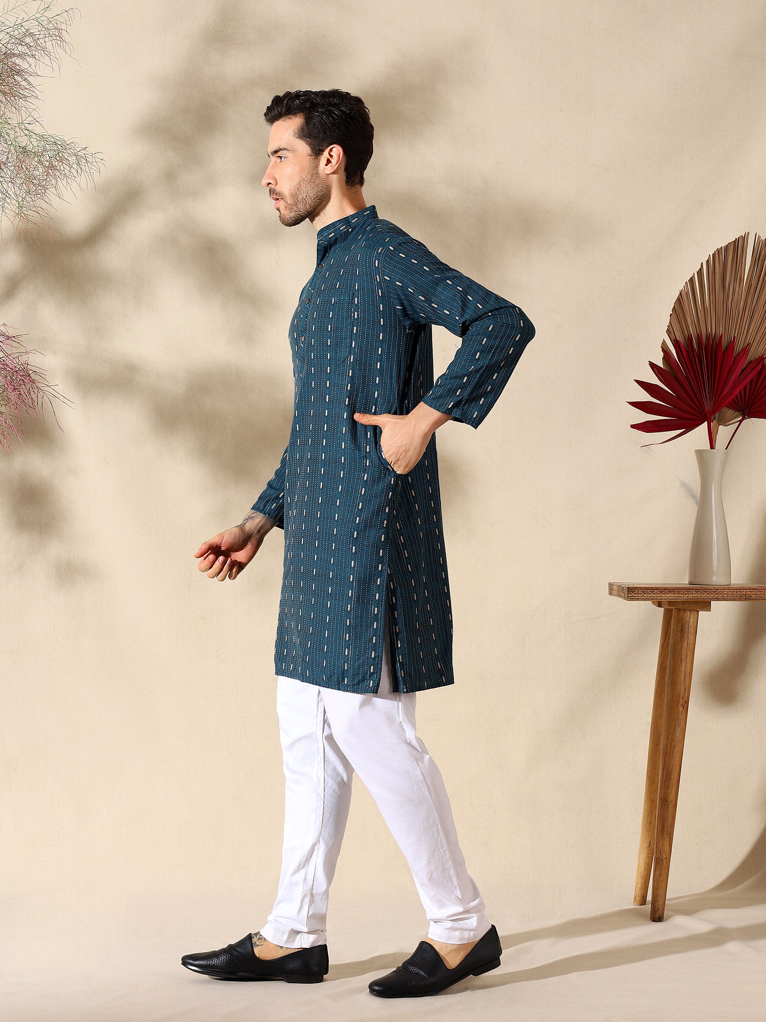 Teal Elegance Woven Cotton Kurta