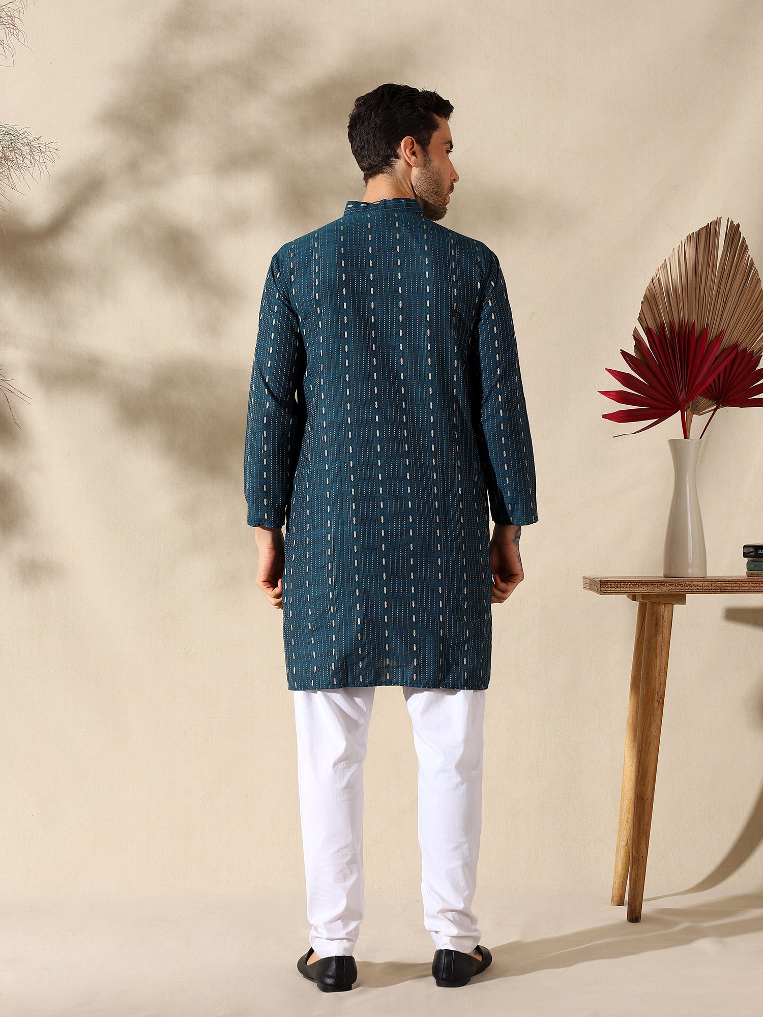 Teal Elegance Woven Cotton Kurta