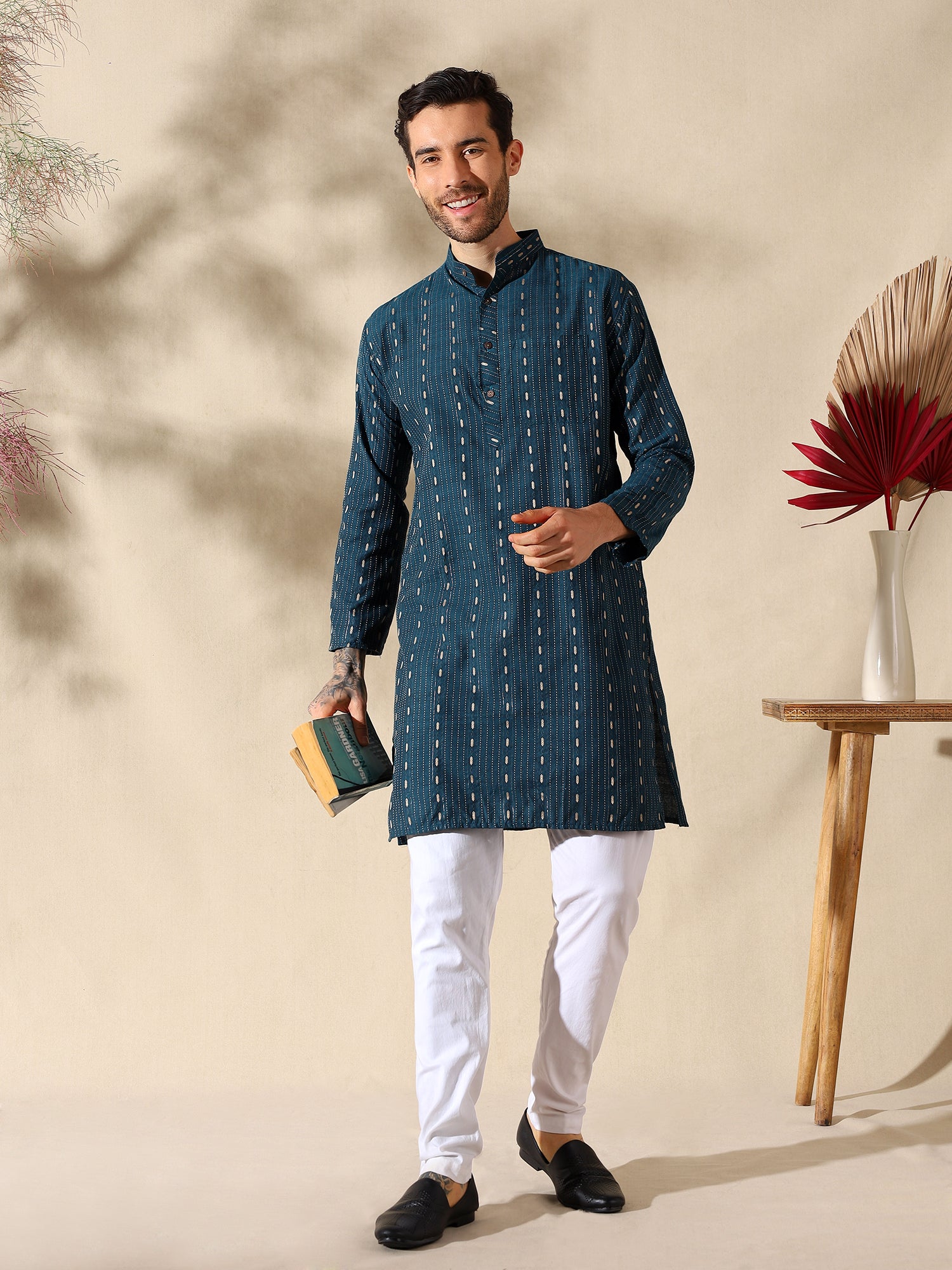 Teal Elegance Woven Cotton Kurta