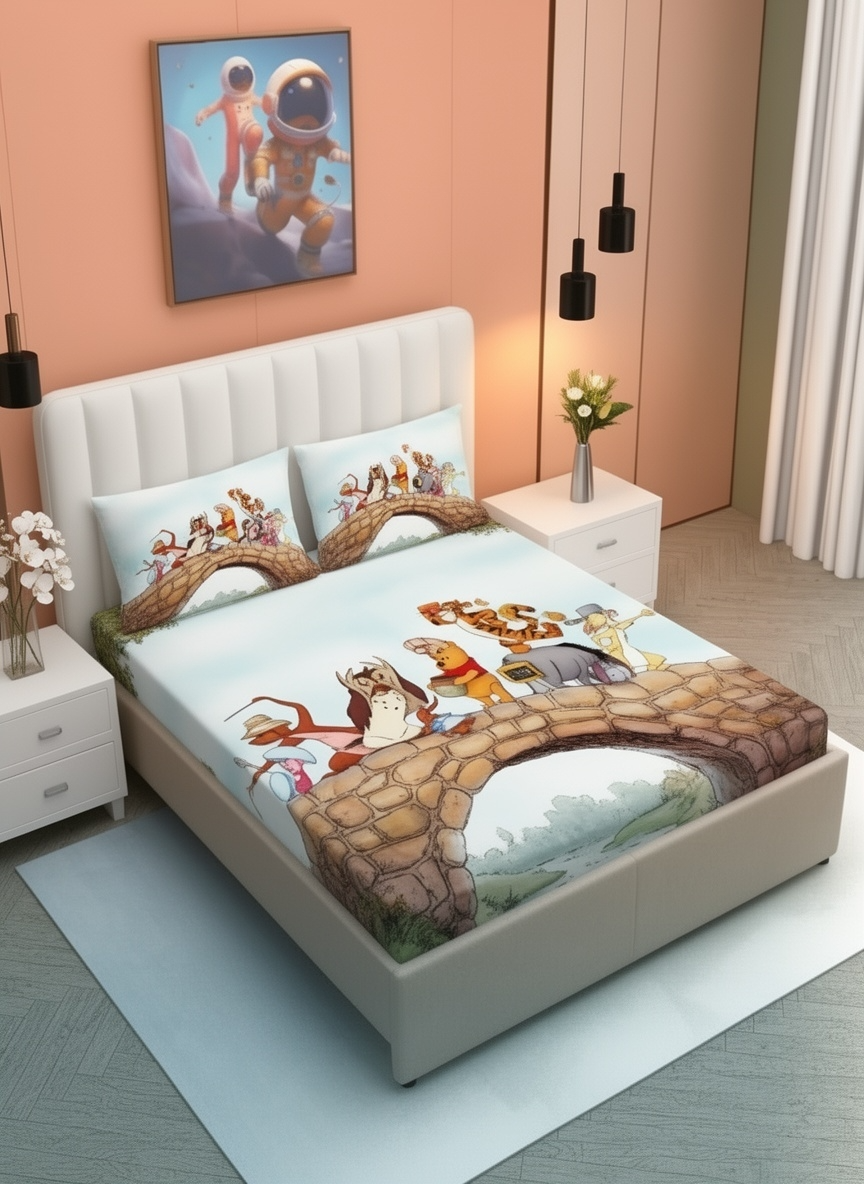 Winnie the Pooh 7D Fitted Bedsheet – (90x100 Inch) Double Size