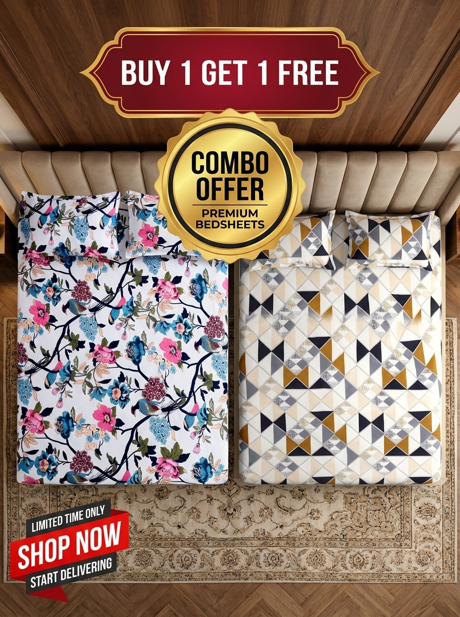 Birdsong Bloom  And Geometric Harmony Cotton Blend Bedsheet