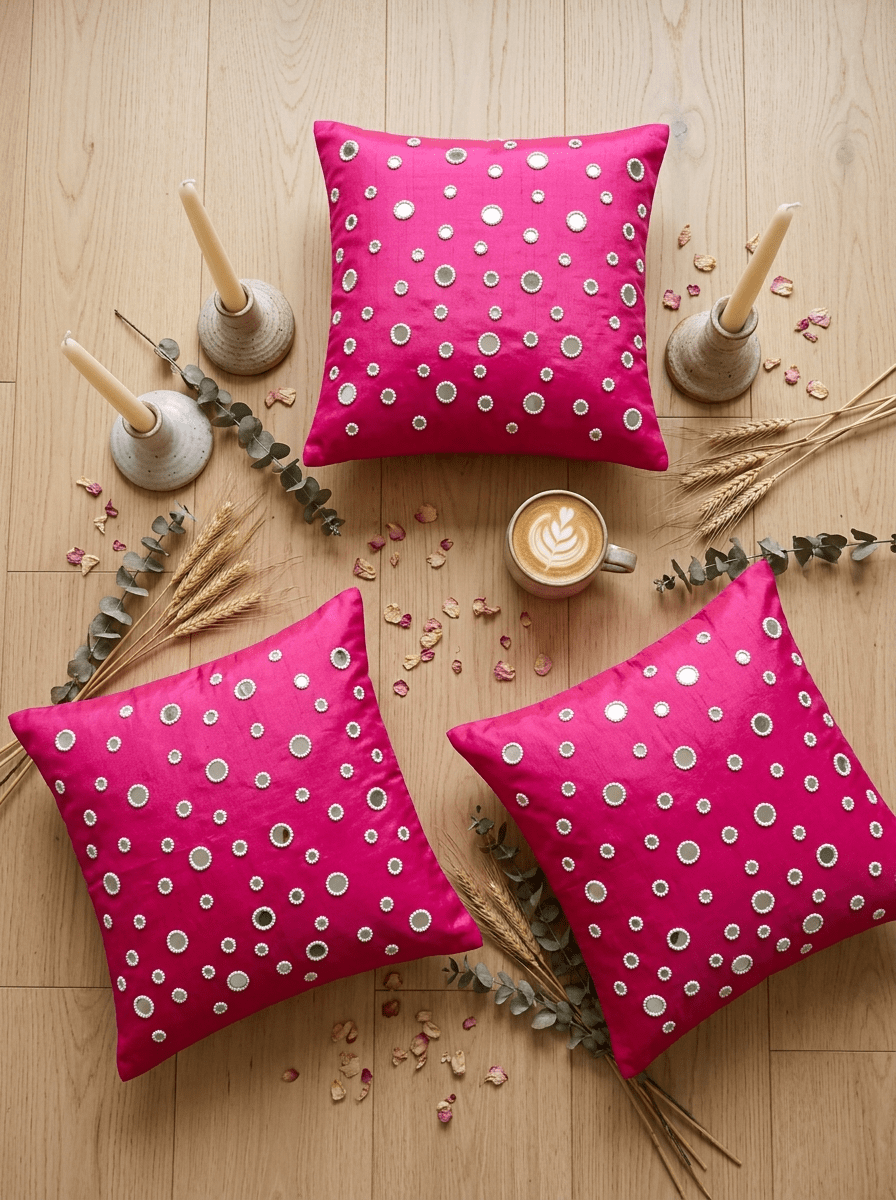 Polka Dot Silk Embroidered Cushion Cover (16*16 inch) - Furnish Factory