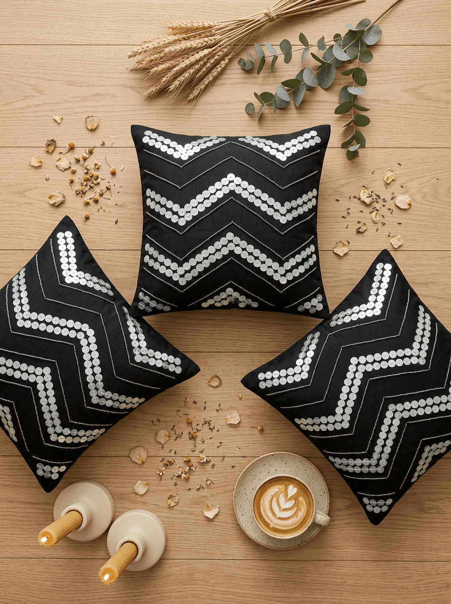 Black Wave Silk Embroidered Cushion Cover (16*16 inch) - Furnish Factory
