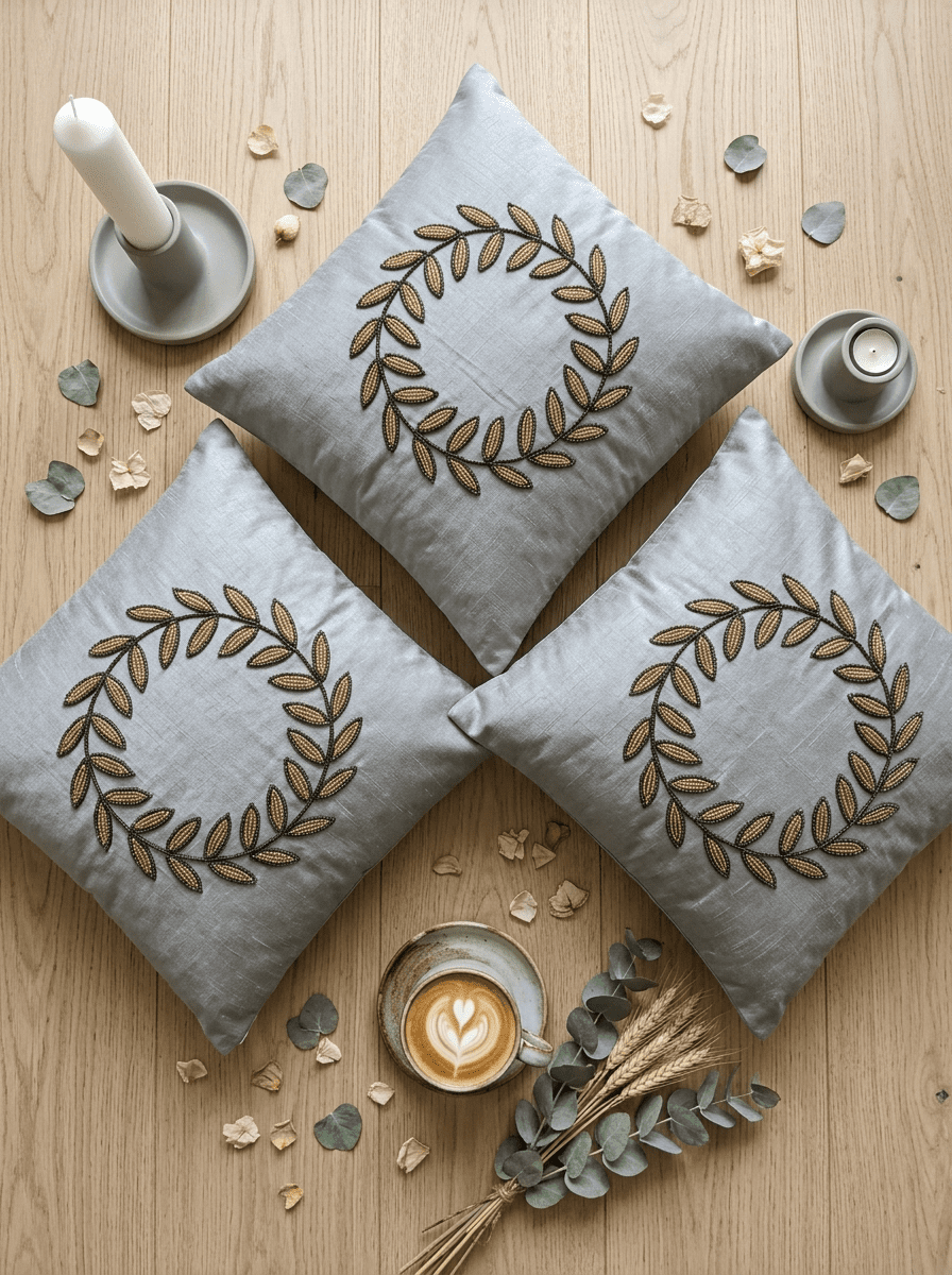 Elegant Embroidered Leaf Wreath Cushion Cover (16*16 inch) - Furnish Factory
