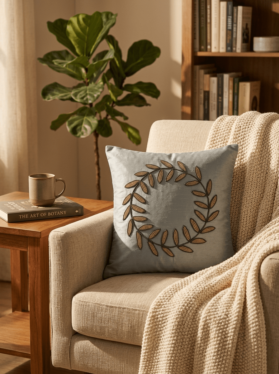 Elegant Embroidered Leaf Wreath Cushion Cover (16*16 inch) - Furnish Factory