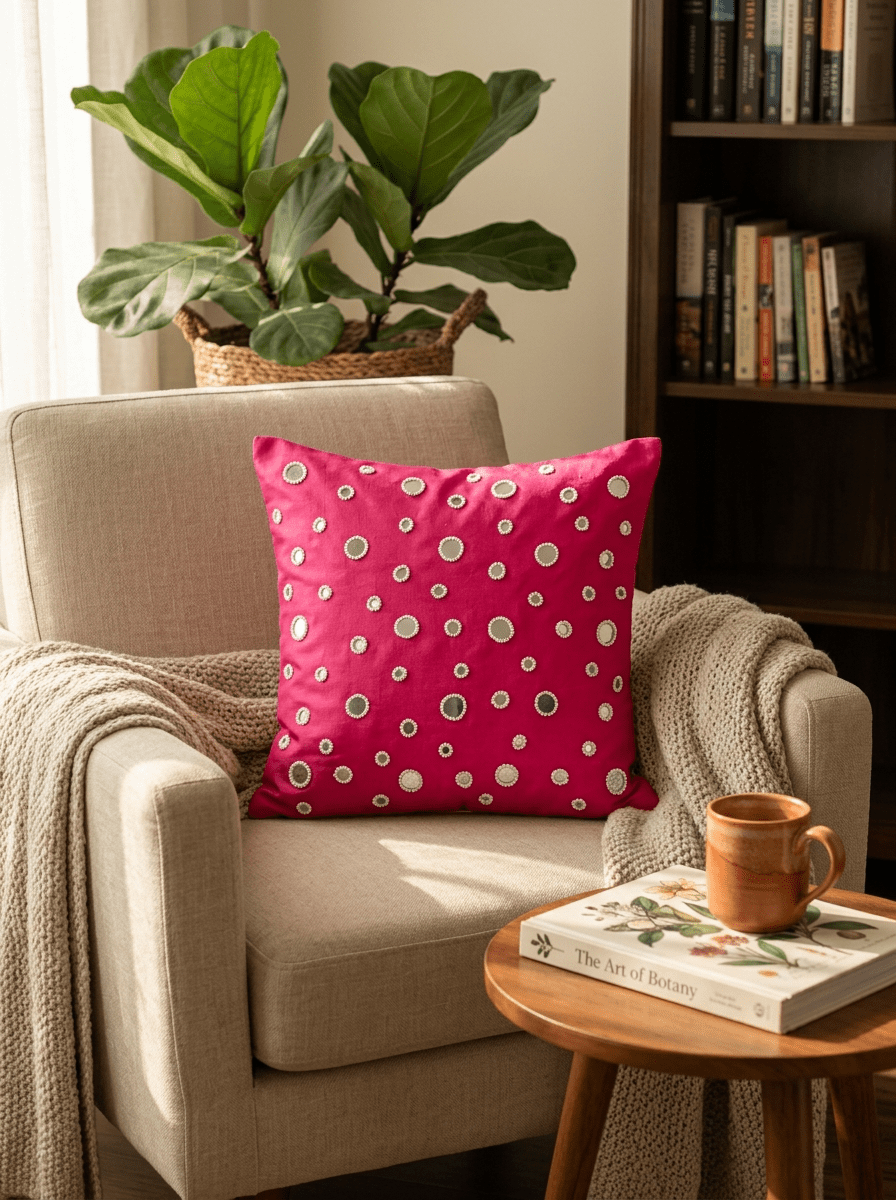 Polka Dot Silk Embroidered Cushion Cover (16*16 inch) - Furnish Factory