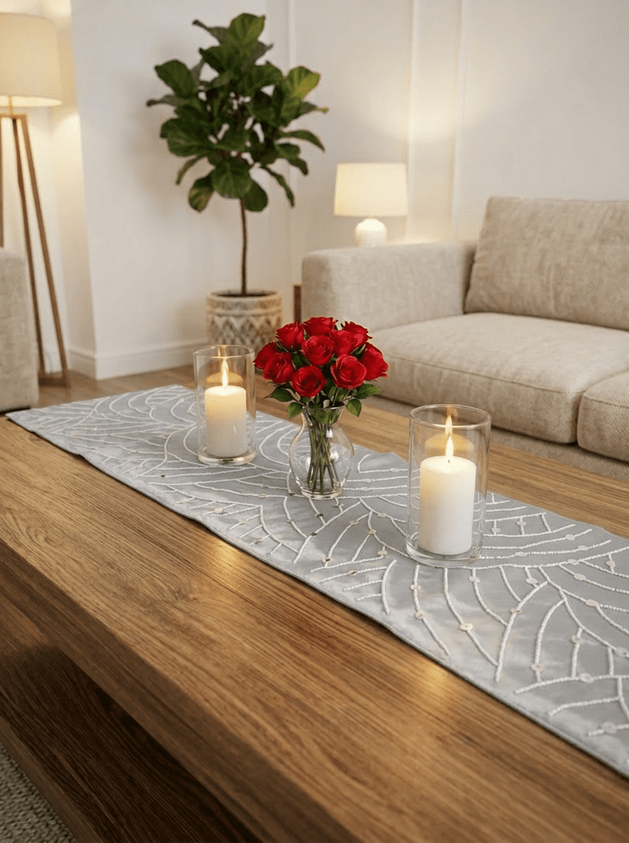 Taupe Elegance Embellished Abstract Silk Dining and Center Table Runner – 13 x 60 Inch - Furnish Factory