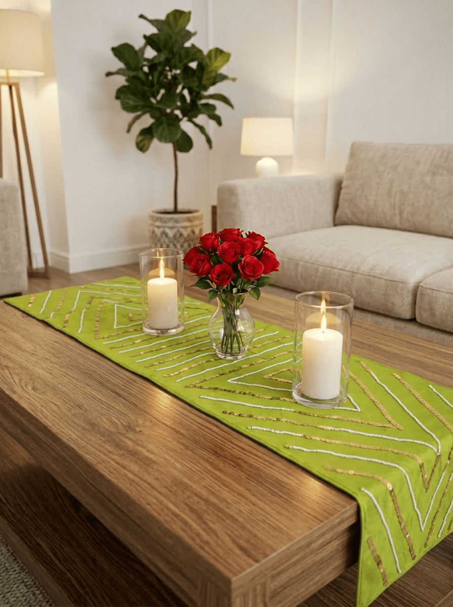 Olive Luxe Geometric Embellished Silk Dining and Center Table Runner – 13 x 60 Inch - Furnish Factory
