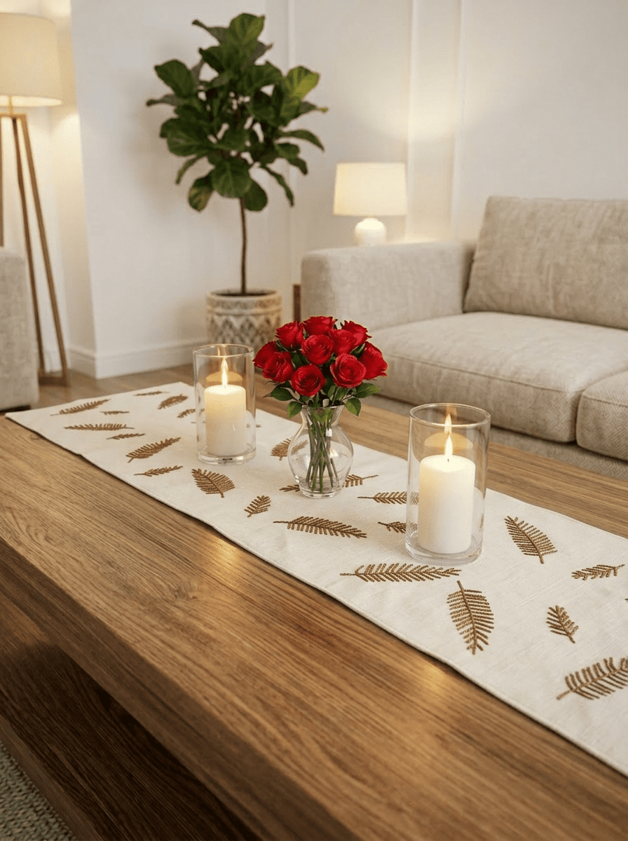 Minimal Leaf Embroidered Beige Silk Dining and Center Table Runner – 13x 60 Inch - Furnish Factory