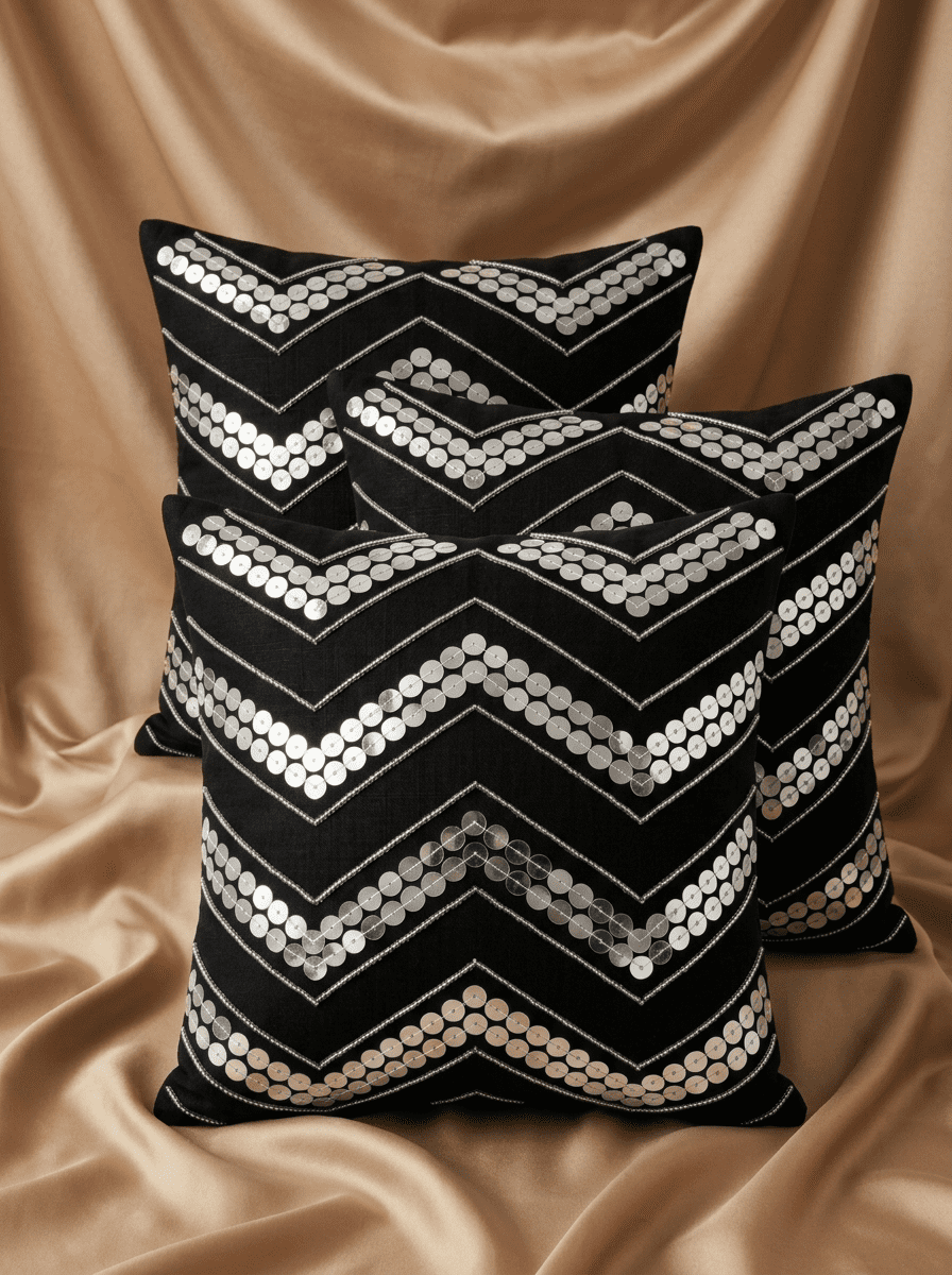 Black Wave Silk Embroidered Cushion Cover (16*16 inch) - Furnish Factory