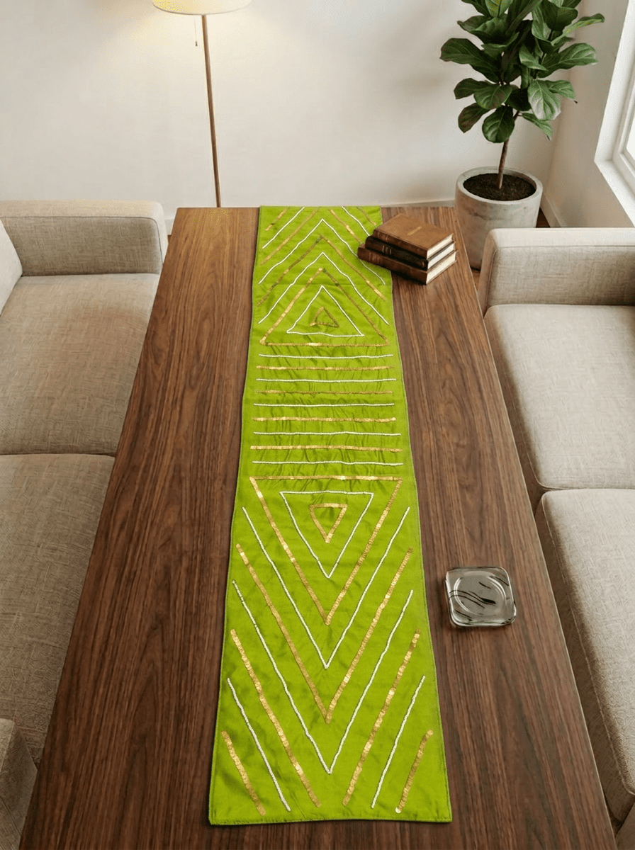 Olive Luxe Geometric Embellished Silk Dining and Center Table Runner – 13 x 60 Inch - Furnish Factory