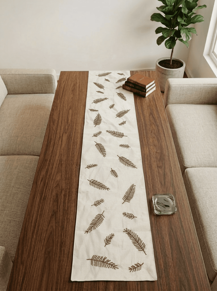 Minimal Leaf Embroidered Beige Silk Dining and Center Table Runner – 13x 60 Inch - Furnish Factory