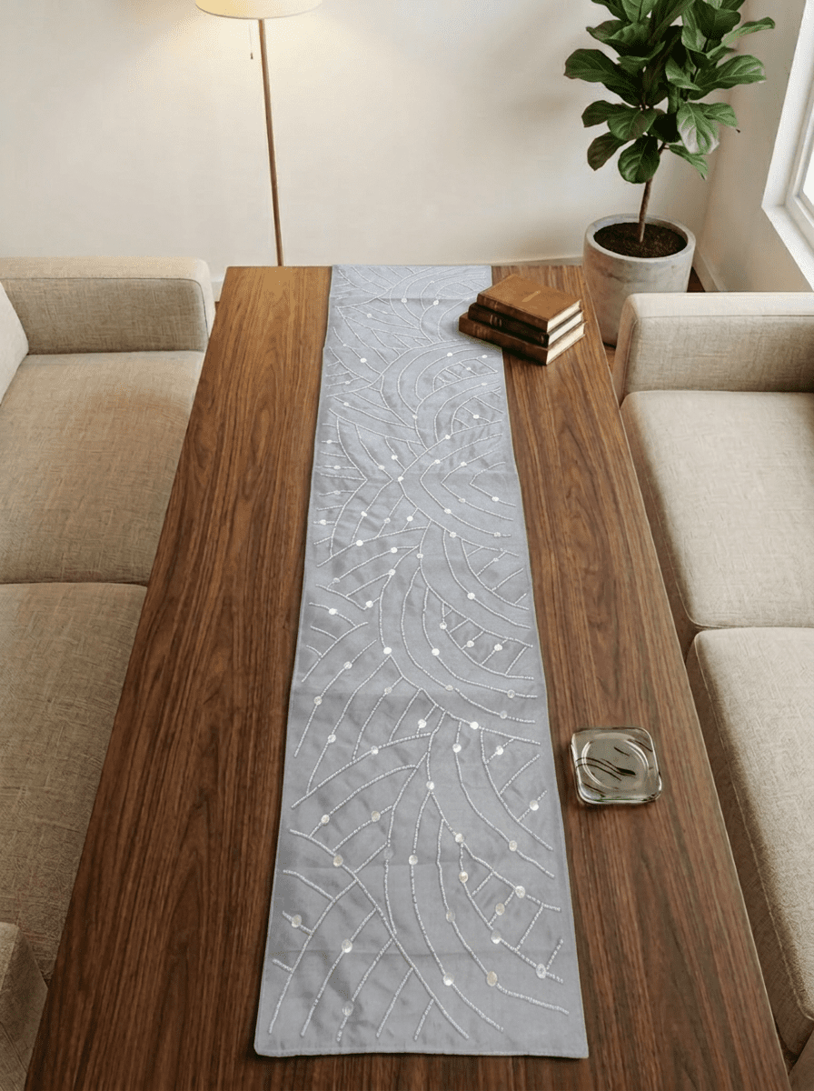Taupe Elegance Embellished Abstract Silk Dining and Center Table Runner – 13 x 60 Inch - Furnish Factory