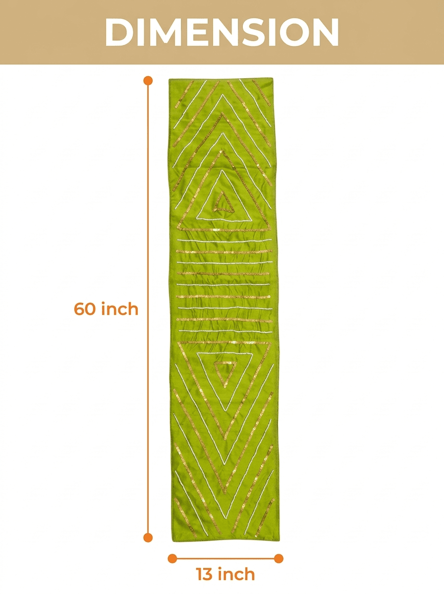 Olive Luxe Geometric Embellished Silk Dining and Center Table Runner – 13 x 60 Inch - Furnish Factory