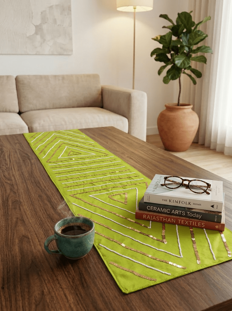 Olive Luxe Geometric Embellished Silk Dining and Center Table Runner – 13 x 60 Inch - Furnish Factory