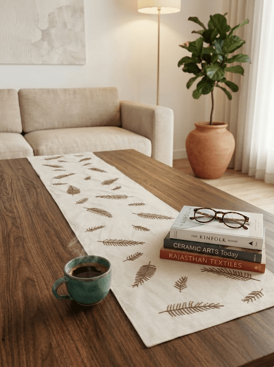 Minimal Leaf Embroidered Beige Silk Dining and Center Table Runner – 13x 60 Inch - Furnish Factory
