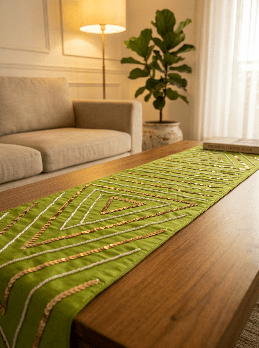 Olive Luxe Geometric Embellished Silk Dining and Center Table Runner – 13 x 60 Inch - Furnish Factory