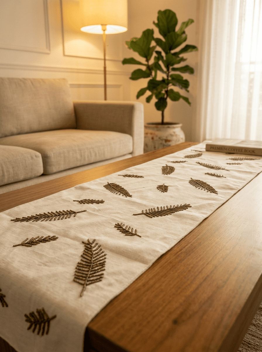 Minimal Leaf Embroidered Beige Silk Dining and Center Table Runner – 13x 60 Inch - Furnish Factory