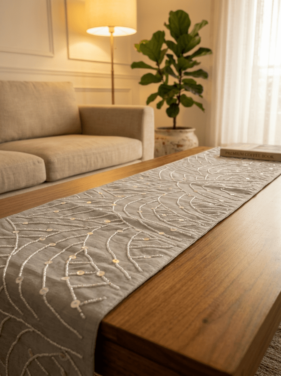 Taupe Elegance Embellished Abstract Silk Dining and Center Table Runner – 13 x 60 Inch - Furnish Factory