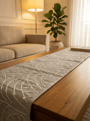 Taupe Elegance Embellished Abstract Silk Dining and Center Table Runner – 13 x 60 Inch - Furnish Factory