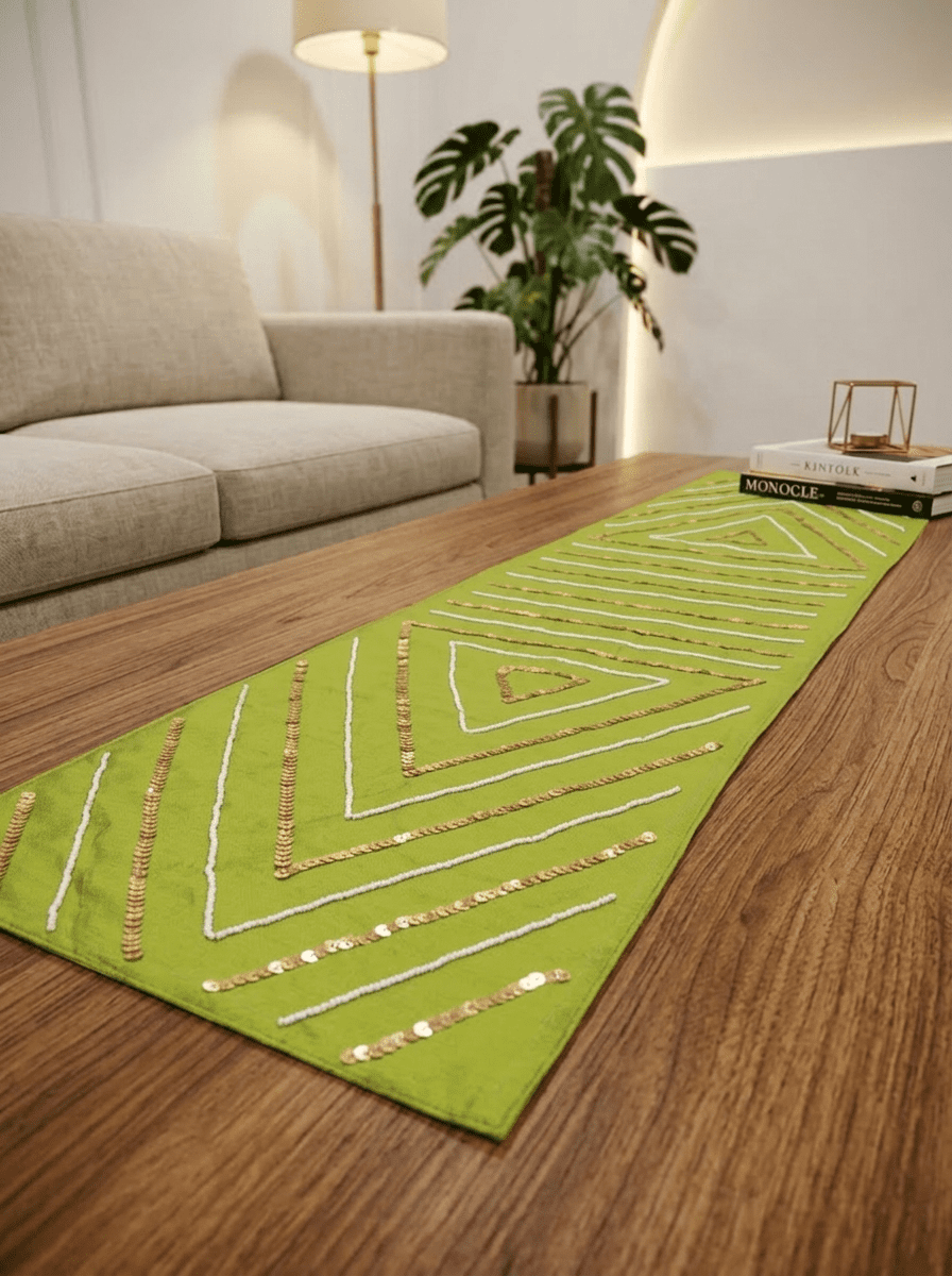 Olive Luxe Geometric Embellished Silk Dining and Center Table Runner – 13 x 60 Inch - Furnish Factory