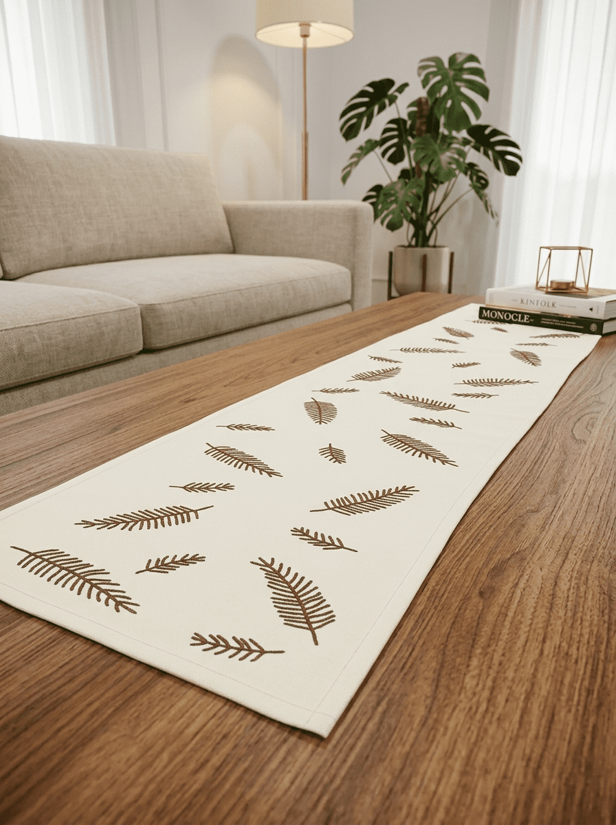 Minimal Leaf Embroidered Beige Silk Dining and Center Table Runner – 13x 60 Inch - Furnish Factory
