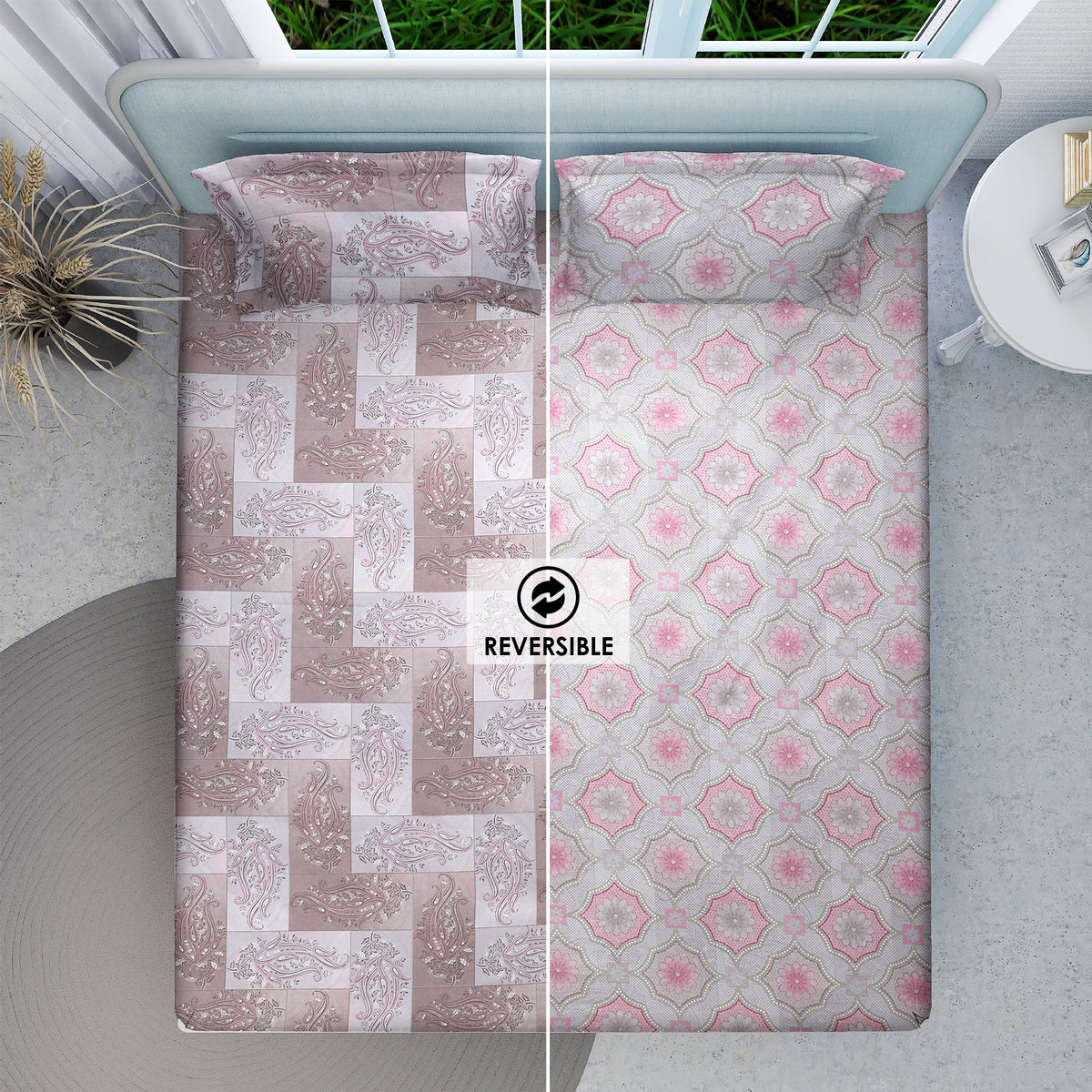 Rosy Taupe Paisley – Reversible Cotton Bedsheet (90×100 inch) King Size