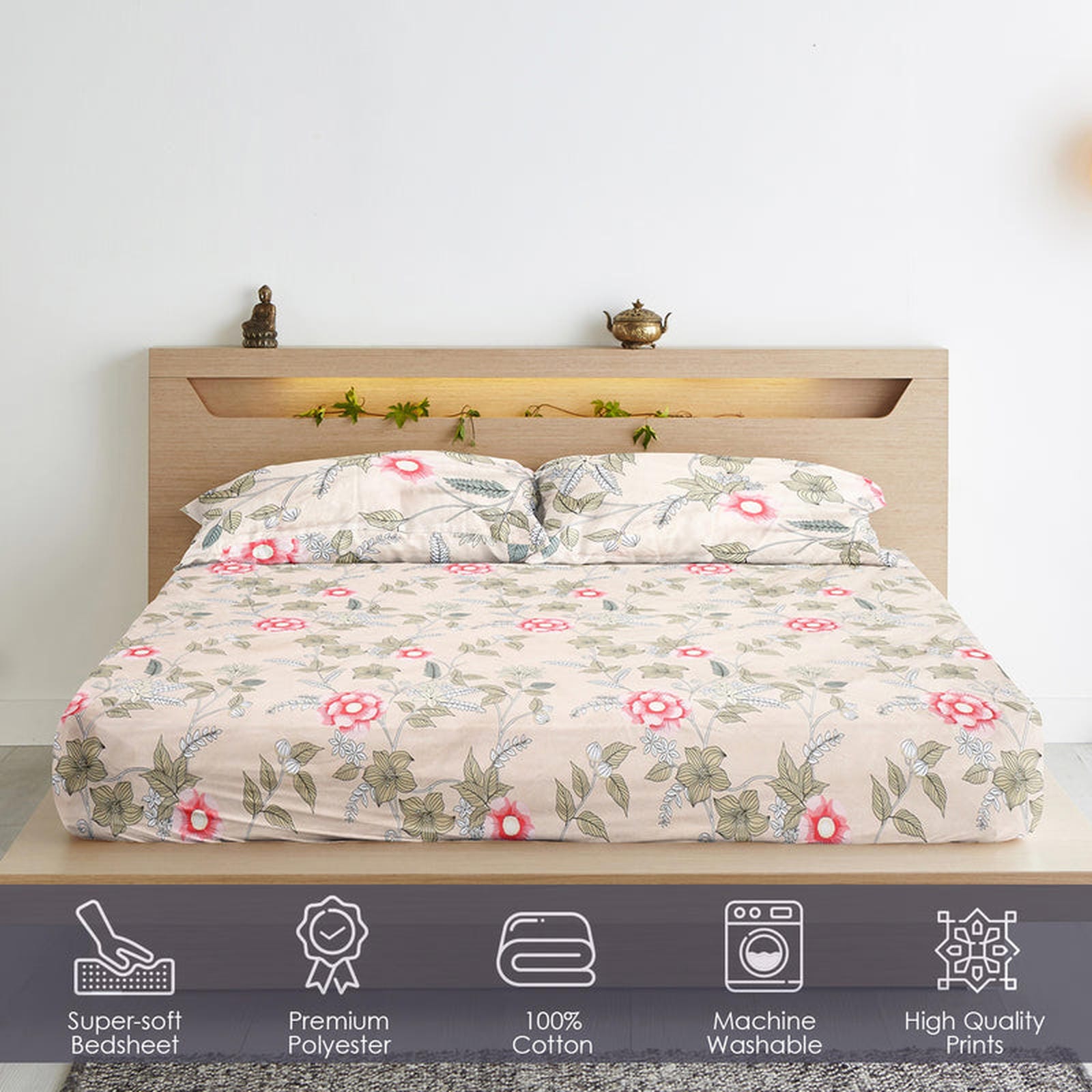 Floral Bliss Cotton Blend King Size Bedsheet - Furnish Factory