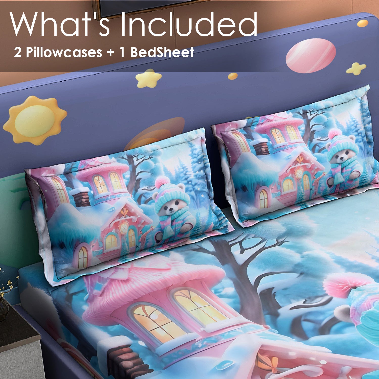 Bear Winter Wonderland 7D Cotton Fitted Bedsheet (90x100 inch)