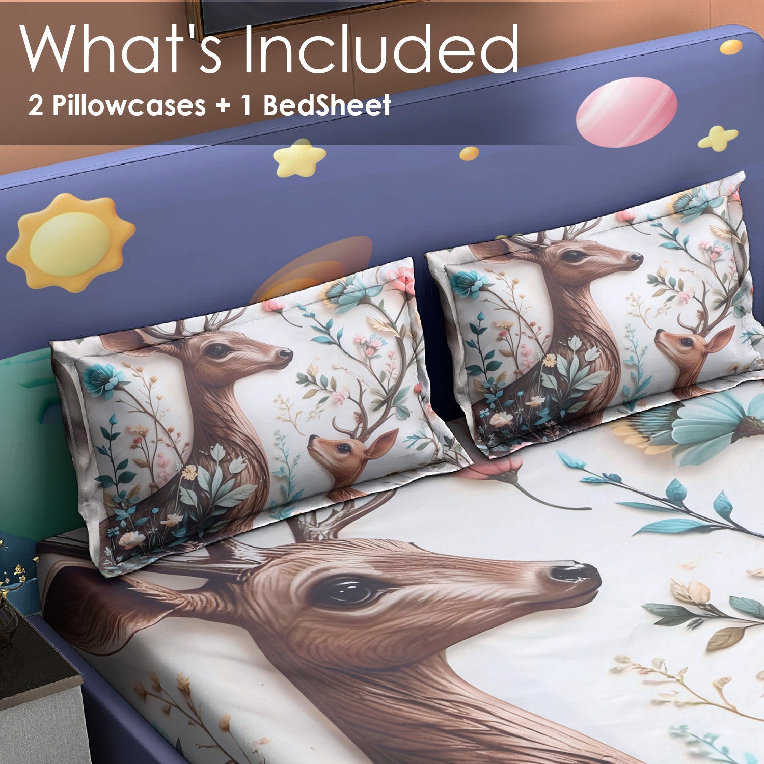 Enchanted Deer 7D Cotton Fitted Bedsheet (90x100 inch)