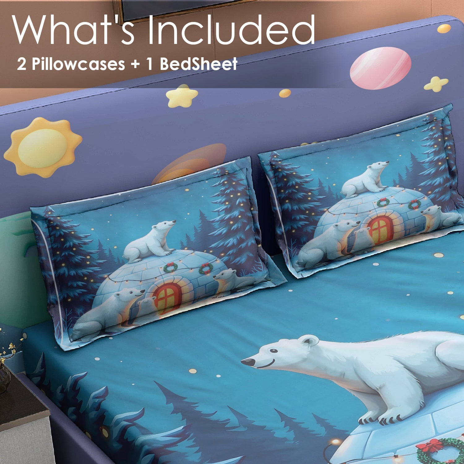 Polar Paradise 7D Cotton Fitted Bedsheet (90x100 inch)