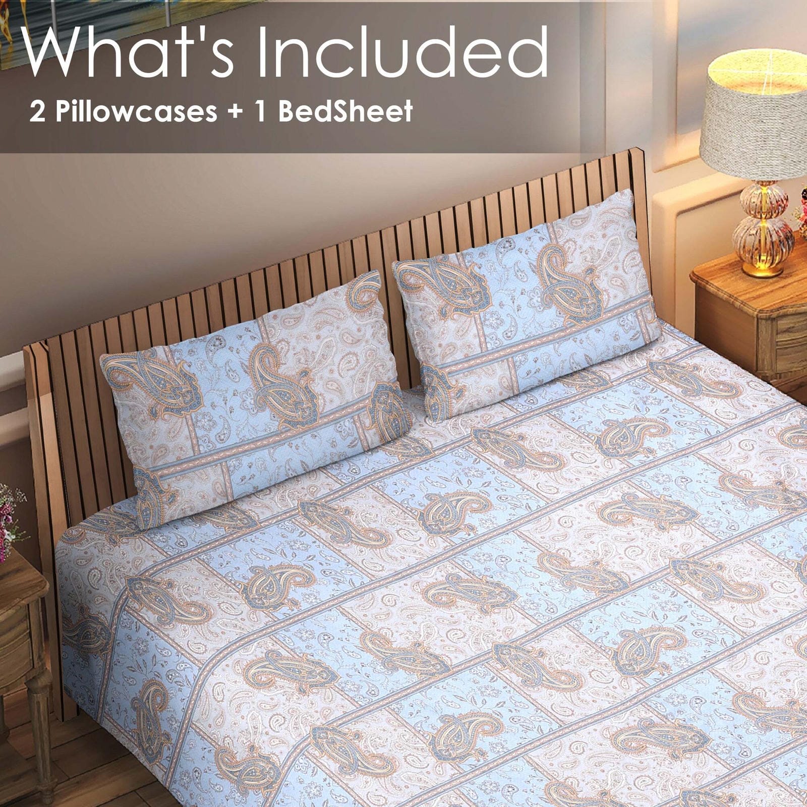 Regal Blue Paisley Cotton Bedsheet (108 × 108 inch) Super King - Furnish Factory