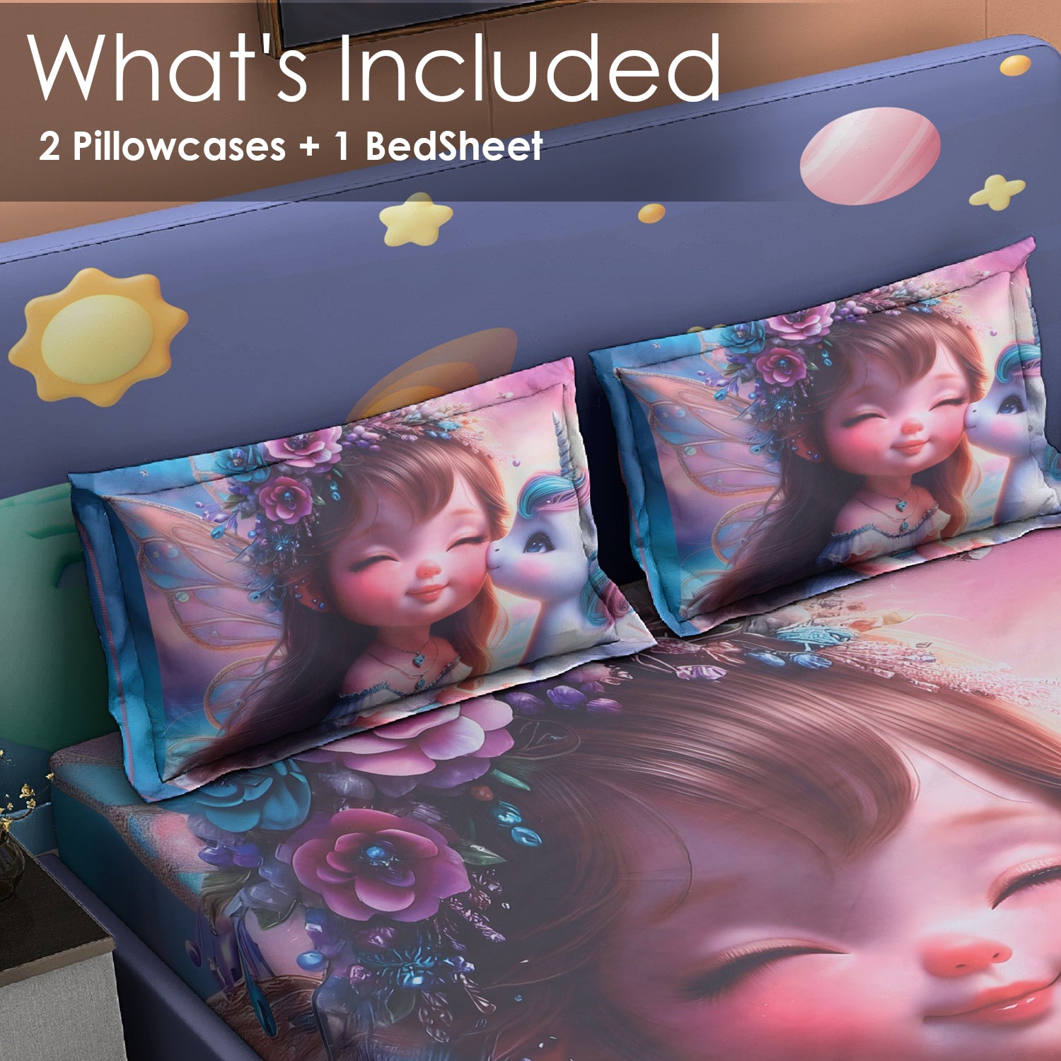 Unicorn Fairy 7D Cotton Fitted Bedsheet (90x100 inch)