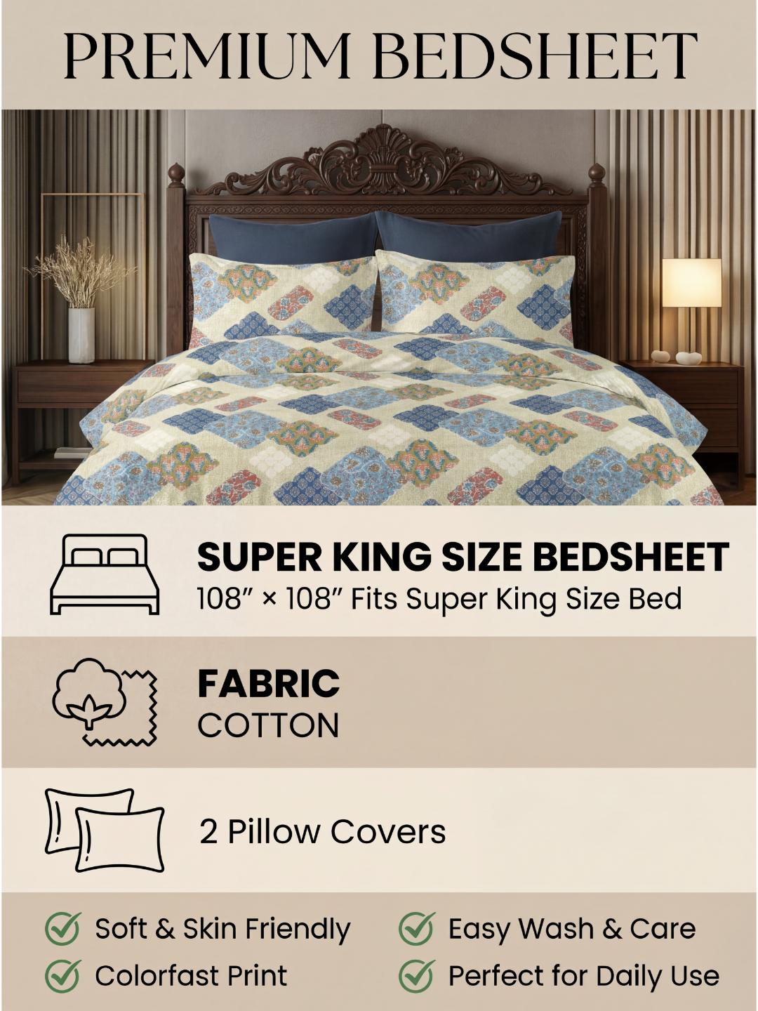 Indigo Patchwork Premium Jaipuri Bedsheet - Furnish Factory
