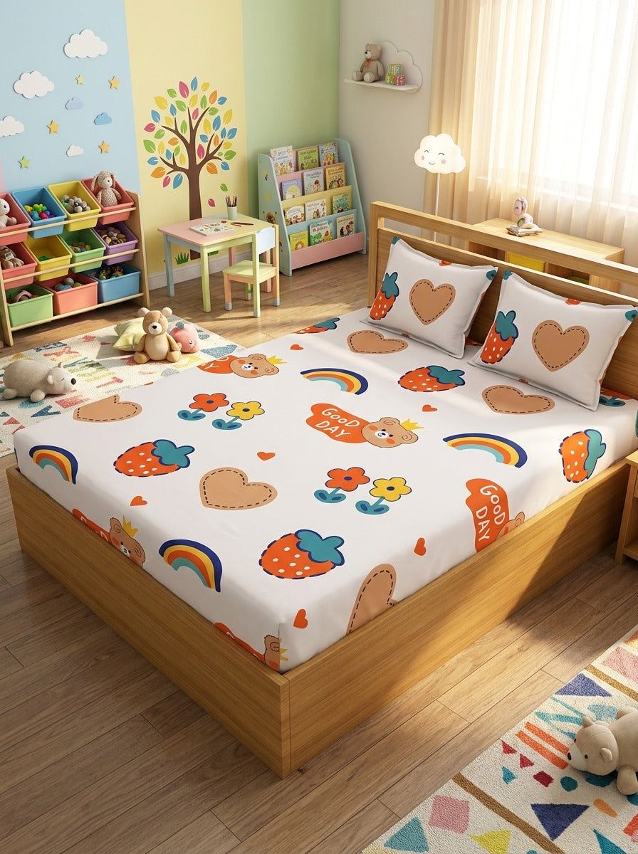 Teddy’s Rainbow Bliss Kids Bedsheet (90 x 100 inches) - Furnish Factory