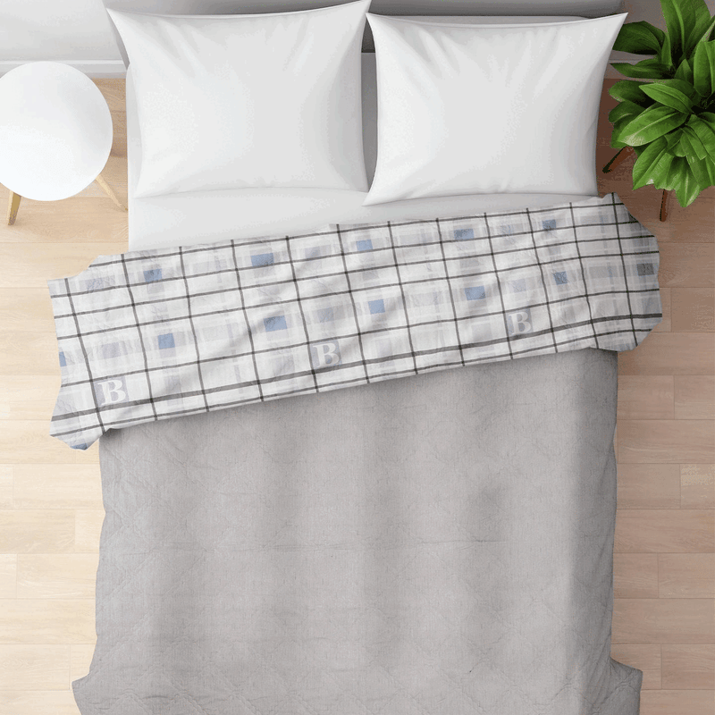 Ultralight Reversible Comforter  | Black & White with Blue Squares - Furnish Factory