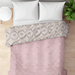 Ultralight Reversible Comforter – Baby Pink & Grey (Floral & Circular Patterns) - Furnish Factory