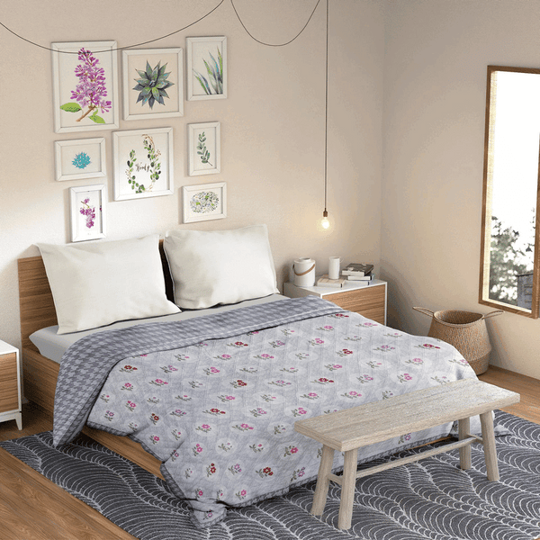 Ultrasonic Reversible Comforter – Floral & Houndstooth (Grey & White)