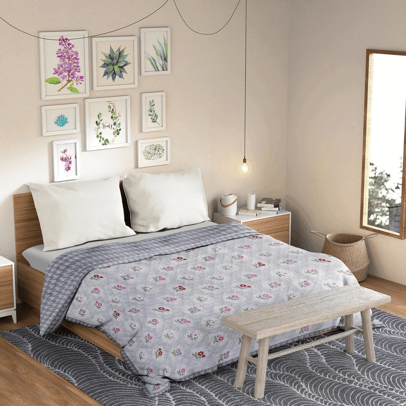 Ultrasonic Reversible Comforter – Floral & Houndstooth (Grey & White)