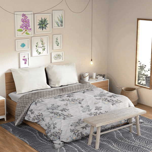 Ultrasonic Reversible Comforter – Floral & Geometric Lattice (Cream & Grey)