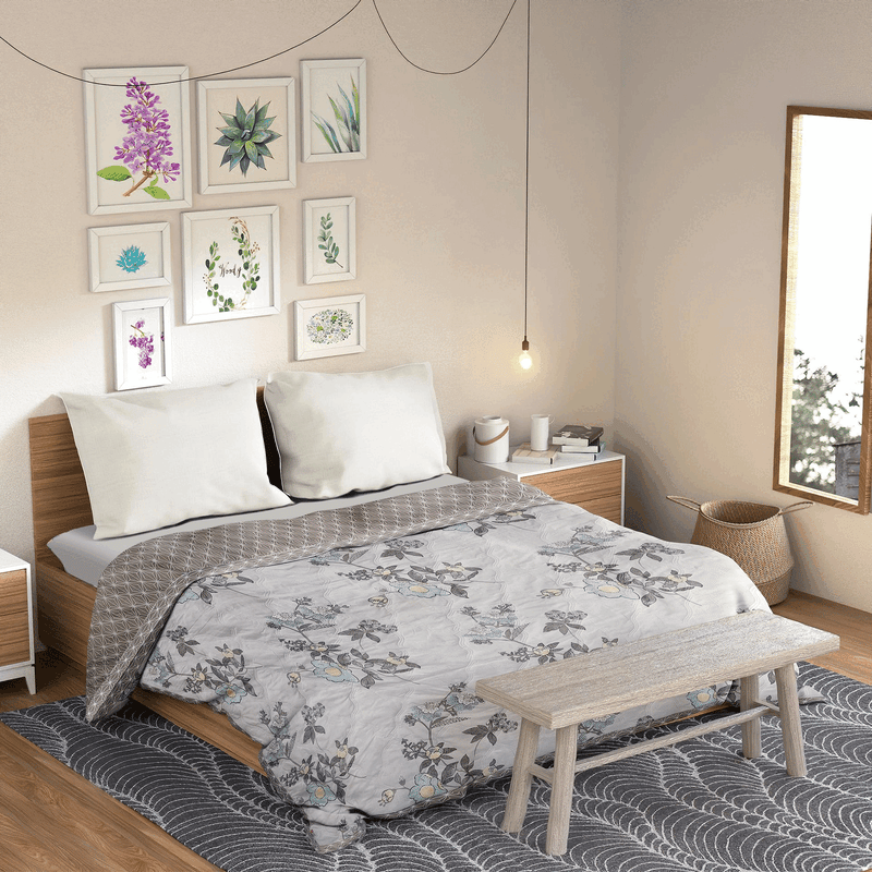 Ultrasonic Reversible Comforter – Floral & Geometric Lattice (Cream & Grey)