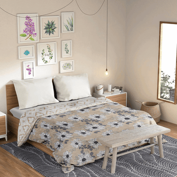 Ultrasonic Reversible Comforter – Floral Stripes & Geometric (Tan & White)