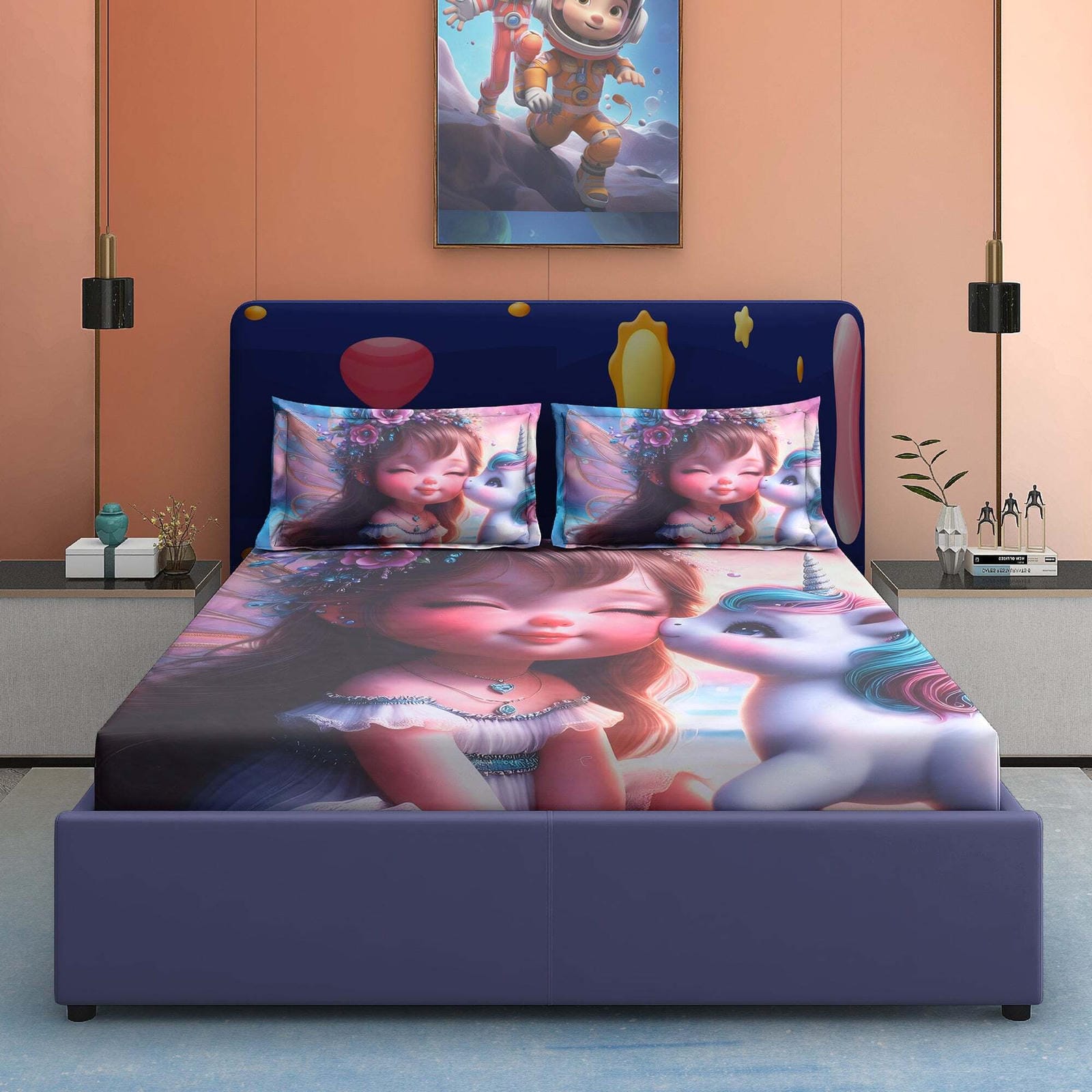 Unicorn Fairy Cotton Fitted 7D Kids Bedsheet (90x100 inch) King Size - Furnish Factory