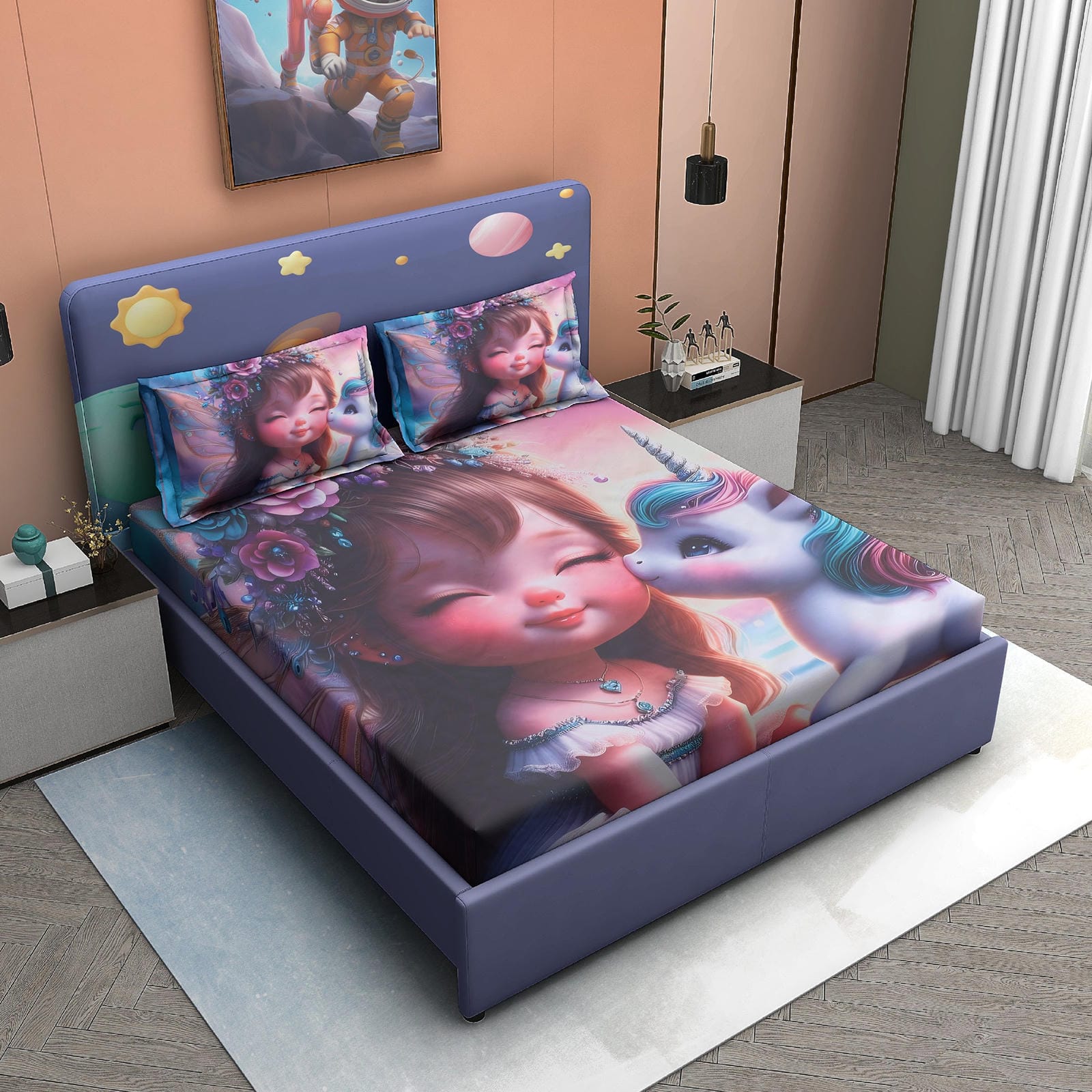 Unicorn Fairy Cotton Fitted 7D Kids Bedsheet (90x100 inch) King Size - Furnish Factory