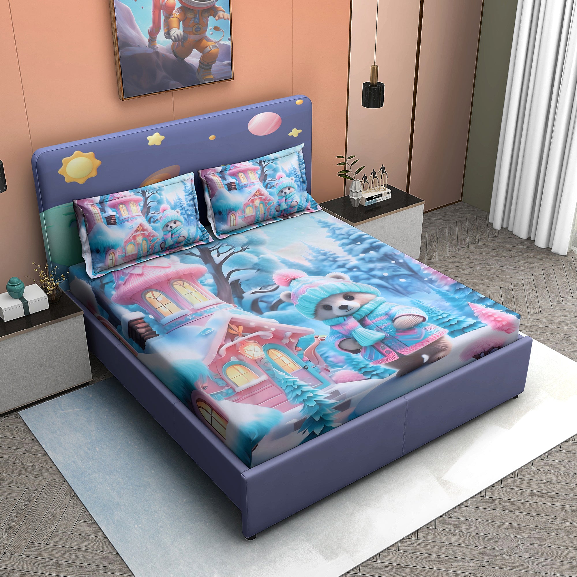 Bear Winter Wonderland 7D Cotton Fitted Bedsheet (90x100 inch)