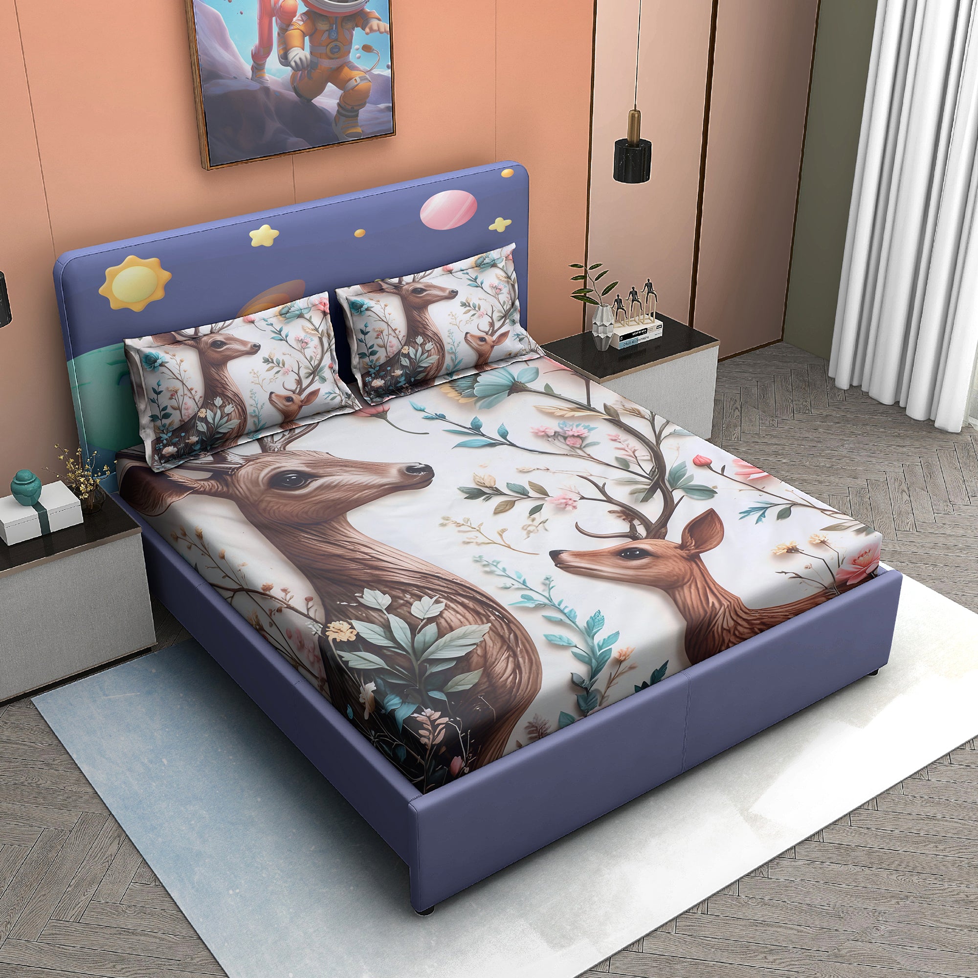 Enchanted Deer 7D Cotton Fitted Bedsheet (90x100 inch)